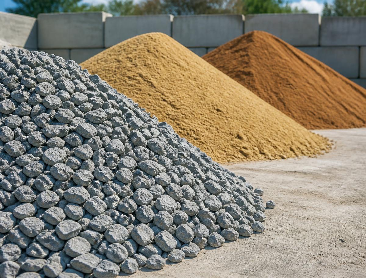Grey stone aggregates beside sand piles