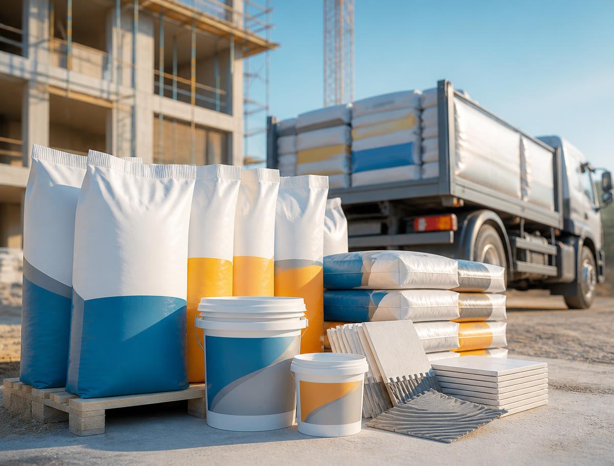 Construction material bags and tools at a building site